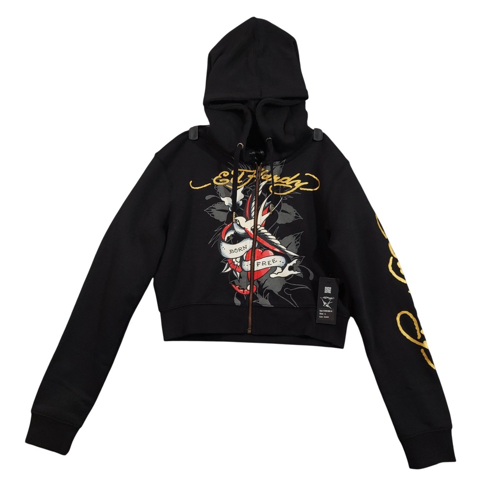 Ed Hardy Hoodie Women Large Black Cropped Tattoo Graphic Zip Up EHW1800-24